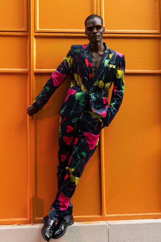 urban fashion editorial orange backdrop